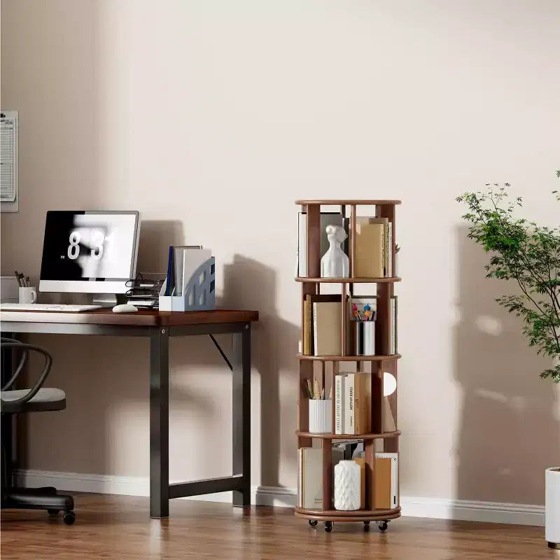 Corner Bookshelf Wood Book Shelf on Wheels, 360 Rotating Bookshelf, Narrow Bookcase