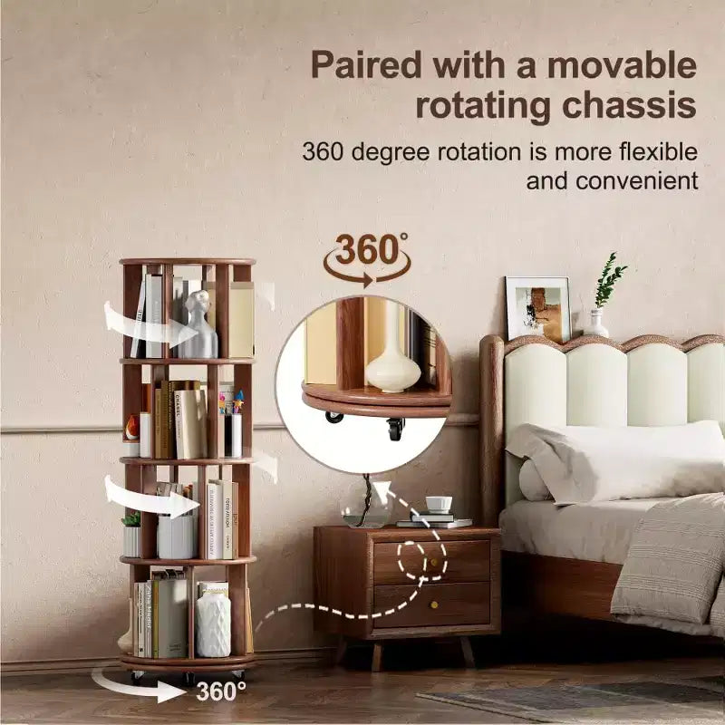 Étagère d'angle en bois, étagère à livres sur roulettes, bibliothèque rotative à 360°, bibliothèque étroite