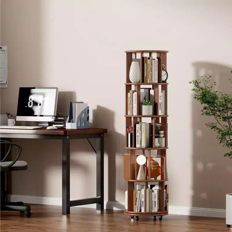 Étagère d'angle en bois, étagère à livres sur roulettes, bibliothèque rotative à 360°, bibliothèque étroite