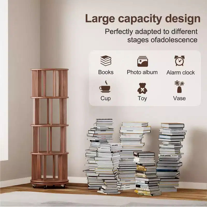 Étagère d'angle en bois, étagère à livres sur roulettes, bibliothèque rotative à 360°, bibliothèque étroite