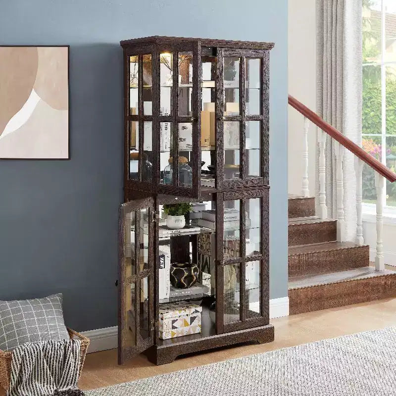 Display Curio Cabinet, Wooden Display Shelving Unit With Light Bulb & 4 Glass Doors, Liquor Storage Area, Curio Storage Rack Cherry