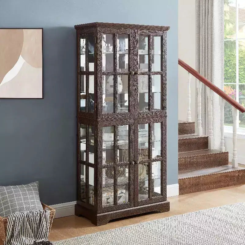 Meuble vitrine, étagère d'exposition en bois avec ampoule et 4 portes vitrées, espace de rangement pour spiritueux, étagère de rangement Cherry