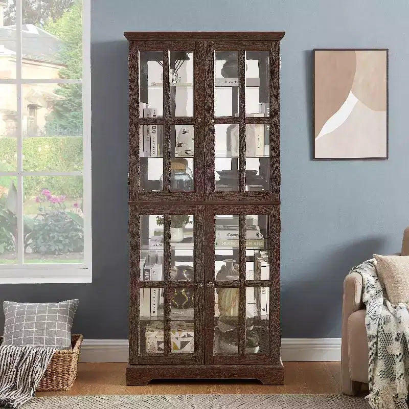 Meuble vitrine, étagère d'exposition en bois avec ampoule et 4 portes vitrées, espace de rangement pour spiritueux, étagère de rangement Cherry