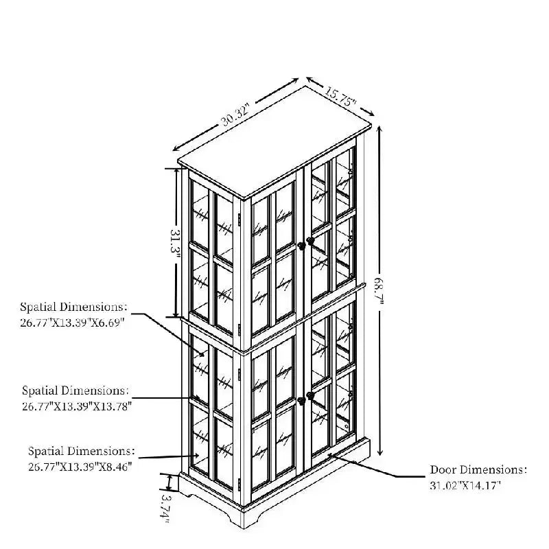 Meuble vitrine, étagère d'exposition en bois avec ampoule et 4 portes vitrées, espace de rangement pour spiritueux, étagère de rangement Cherry