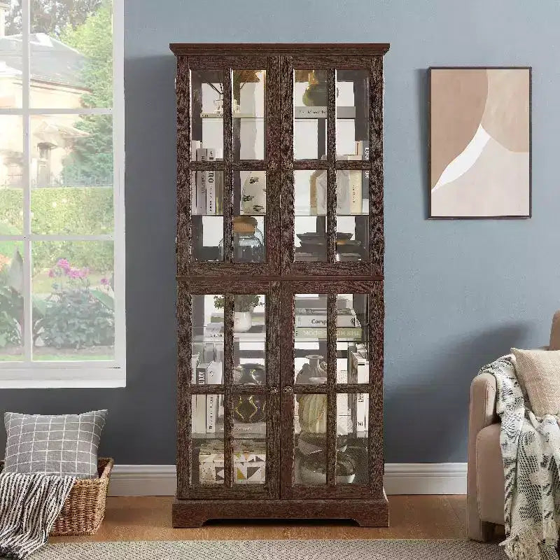 Meuble vitrine, étagère d'exposition en bois avec ampoule et 4 portes vitrées, espace de rangement pour spiritueux, étagère de rangement Cherry
