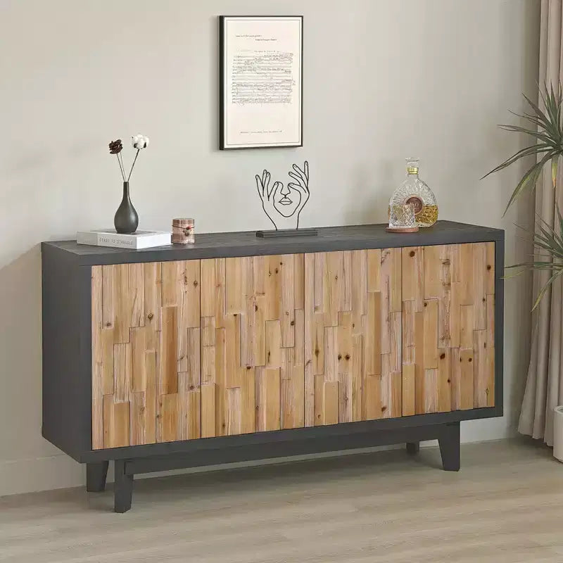 Buffet de rangement rustique géométrique en bois texturé de 149,86 cm avec 4 portes et 2 étagères réglables
