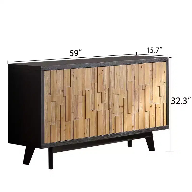 Buffet de rangement rustique géométrique en bois texturé de 149,86 cm avec 4 portes et 2 étagères réglables