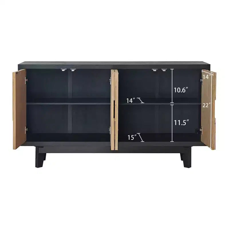 Buffet de rangement rustique géométrique en bois texturé de 149,86 cm avec 4 portes et 2 étagères réglables