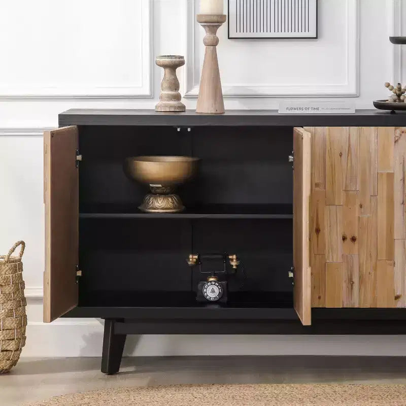 Buffet de rangement rustique géométrique en bois texturé de 149,86 cm avec 4 portes et 2 étagères réglables