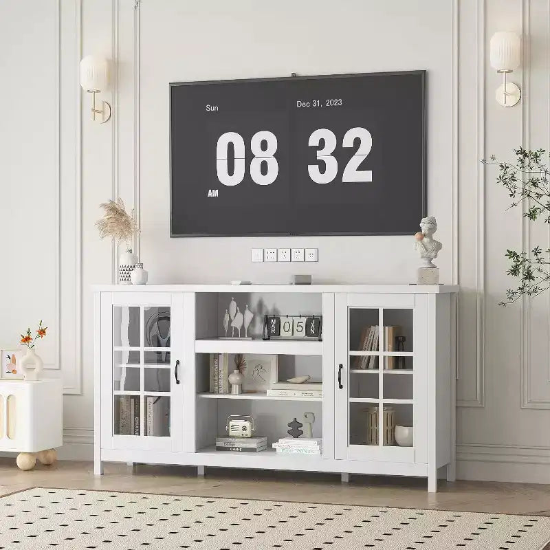 Meuble TV pour téléviseurs 65 pouces, meuble TV moderne de 59 pouces avec armoires de rangement et prises de courant pour salon ou bureau