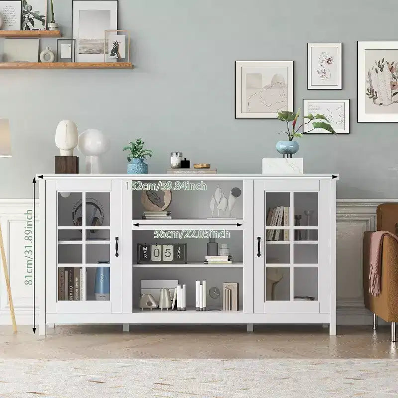 Meuble TV pour téléviseurs 65 pouces, meuble TV moderne de 59 pouces avec armoires de rangement et prises de courant pour salon ou bureau