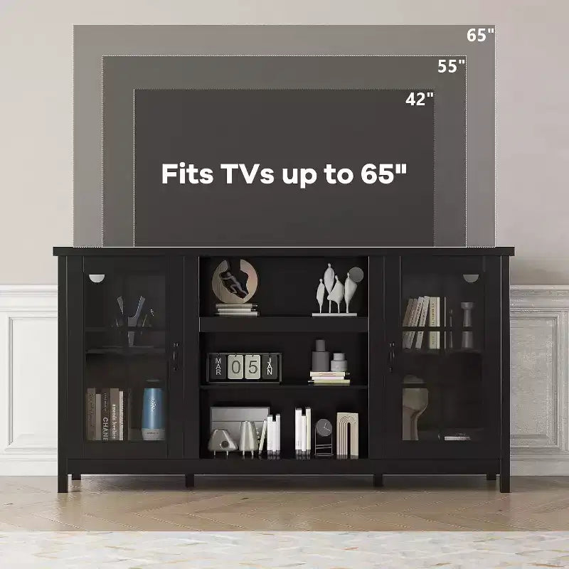 Meuble TV pour téléviseurs 65 pouces, meuble TV moderne de 59 pouces avec armoires de rangement et prises de courant pour salon ou bureau