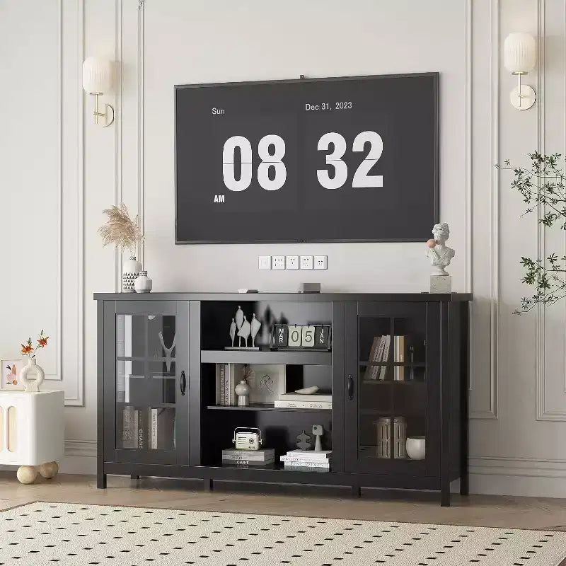 Meuble TV pour téléviseurs 65 pouces, meuble TV moderne de 59 pouces avec armoires de rangement et prises de courant pour salon ou bureau