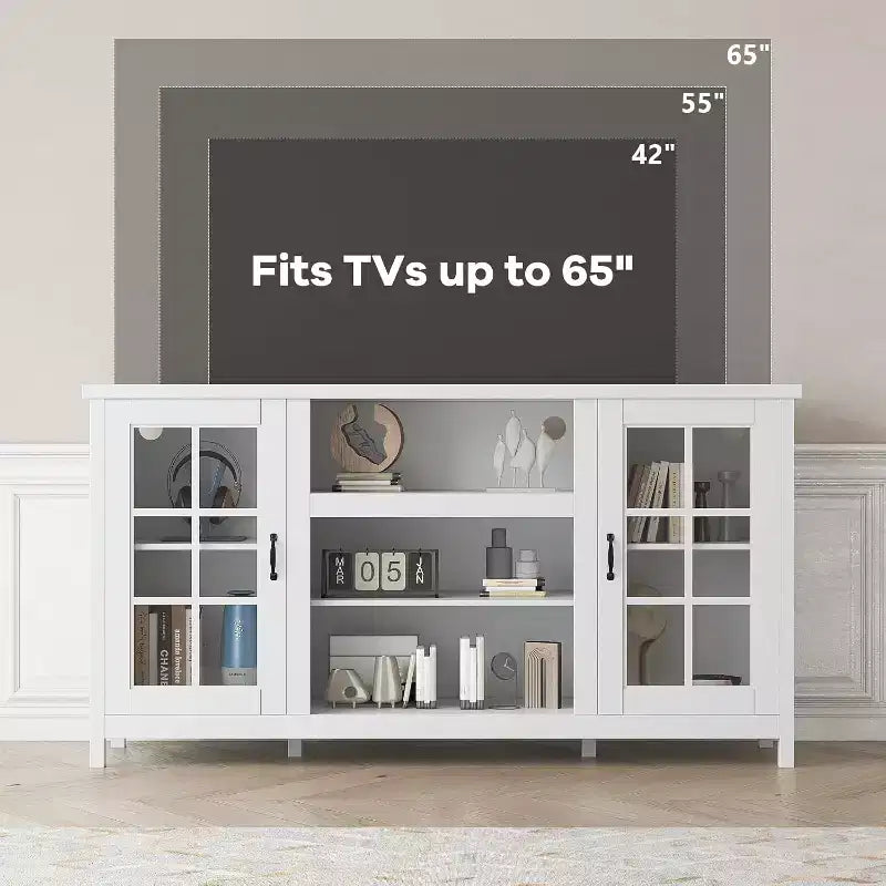 Meuble TV pour téléviseurs 65 pouces, meuble TV moderne de 59 pouces avec armoires de rangement et prises de courant pour salon ou bureau