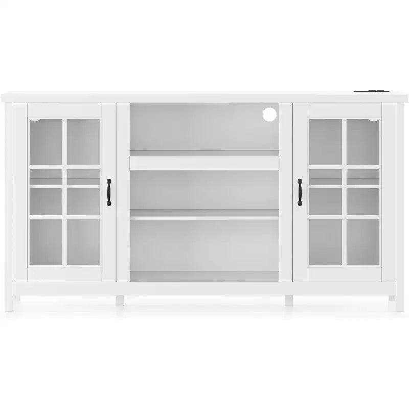 Meuble TV pour téléviseurs 65 pouces, meuble TV moderne de 59 pouces avec armoires de rangement et prises de courant pour salon ou bureau