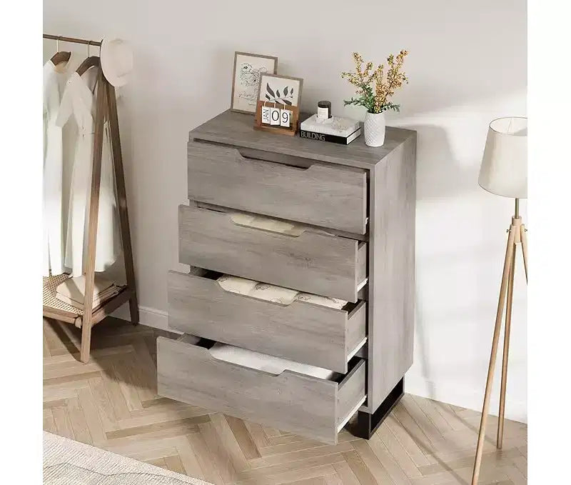 Commode haute 4 tiroirs Armoire de rangement verticale en bois avec design autoportant pour chambre, salon, couloir et entrée