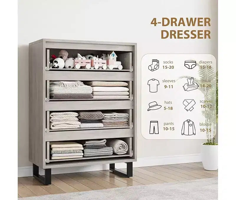 Commode haute 4 tiroirs Armoire de rangement verticale en bois avec design autoportant pour chambre, salon, couloir et entrée