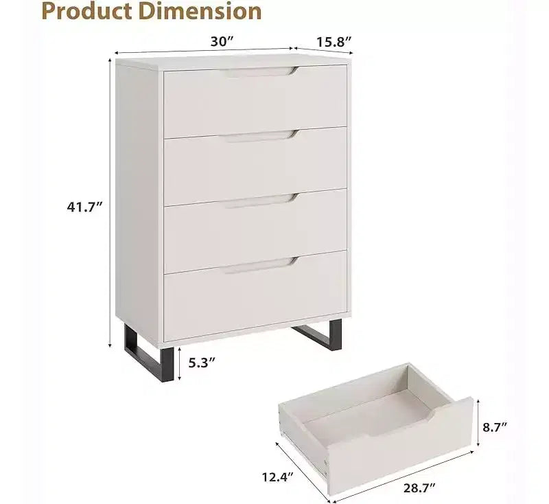 Commode haute 4 tiroirs Armoire de rangement verticale en bois avec design autoportant pour chambre, salon, couloir et entrée