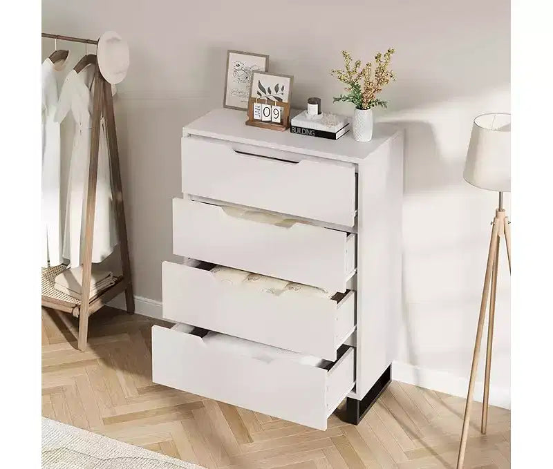 Commode haute 4 tiroirs Armoire de rangement verticale en bois avec design autoportant pour chambre, salon, couloir et entrée