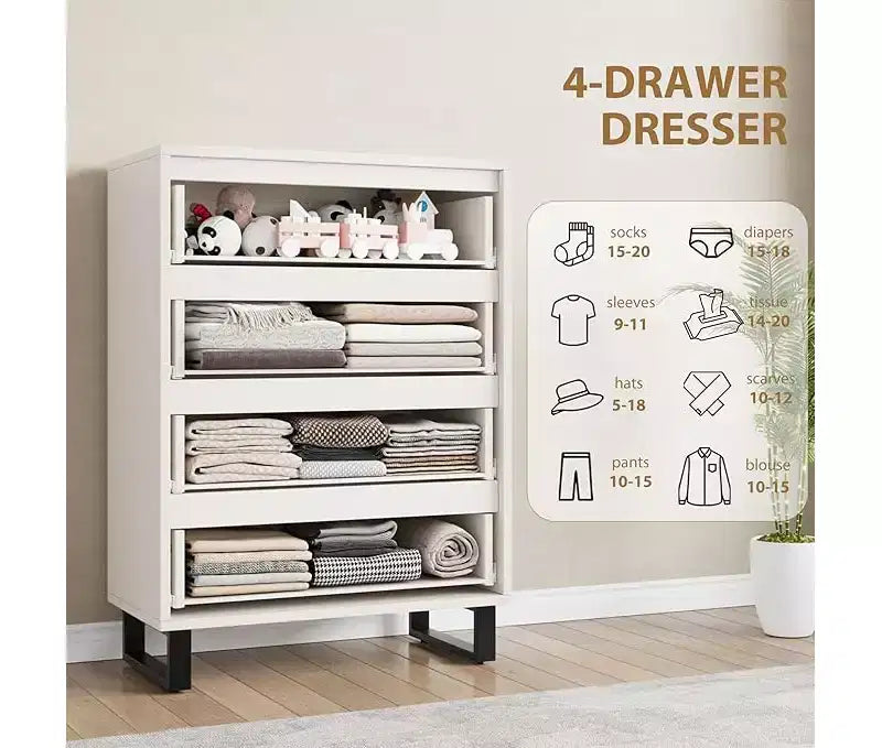 Commode haute 4 tiroirs Armoire de rangement verticale en bois avec design autoportant pour chambre, salon, couloir et entrée