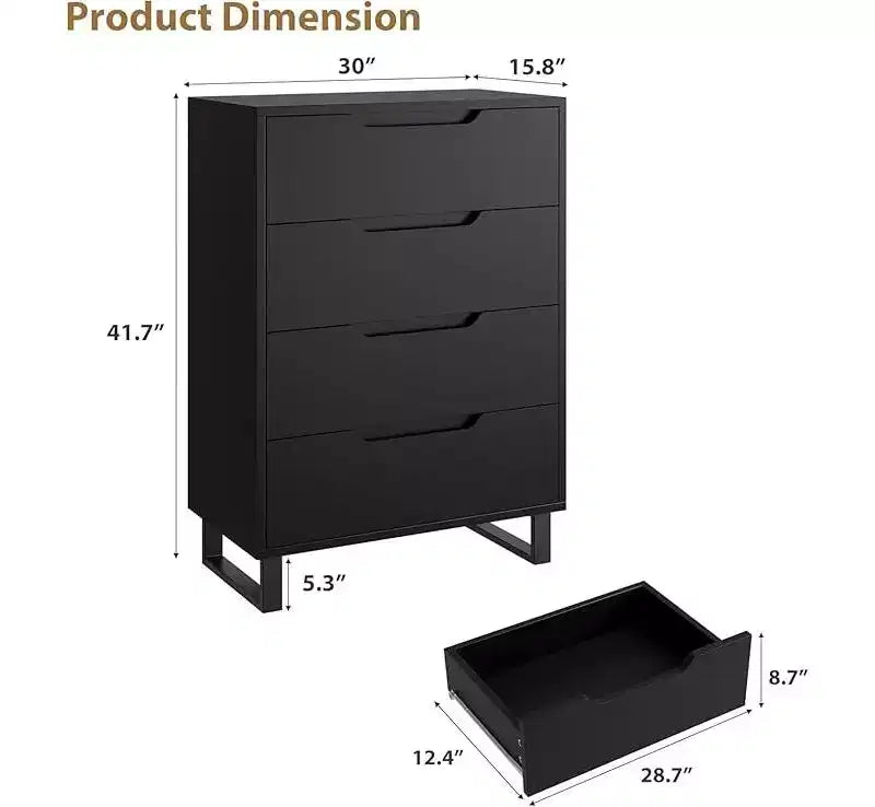Commode haute 4 tiroirs Armoire de rangement verticale en bois avec design autoportant pour chambre, salon, couloir et entrée