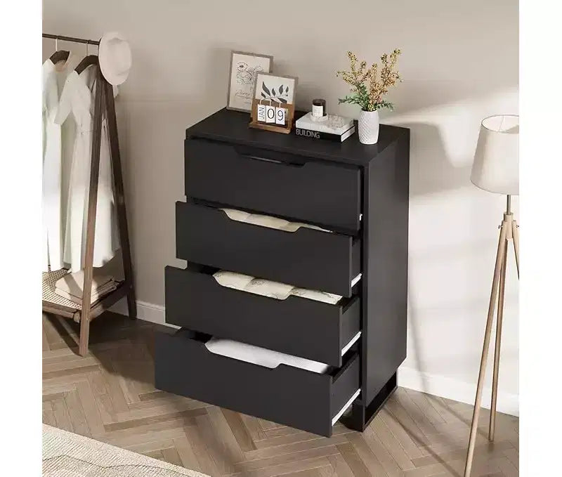 Commode haute 4 tiroirs Armoire de rangement verticale en bois avec design autoportant pour chambre, salon, couloir et entrée