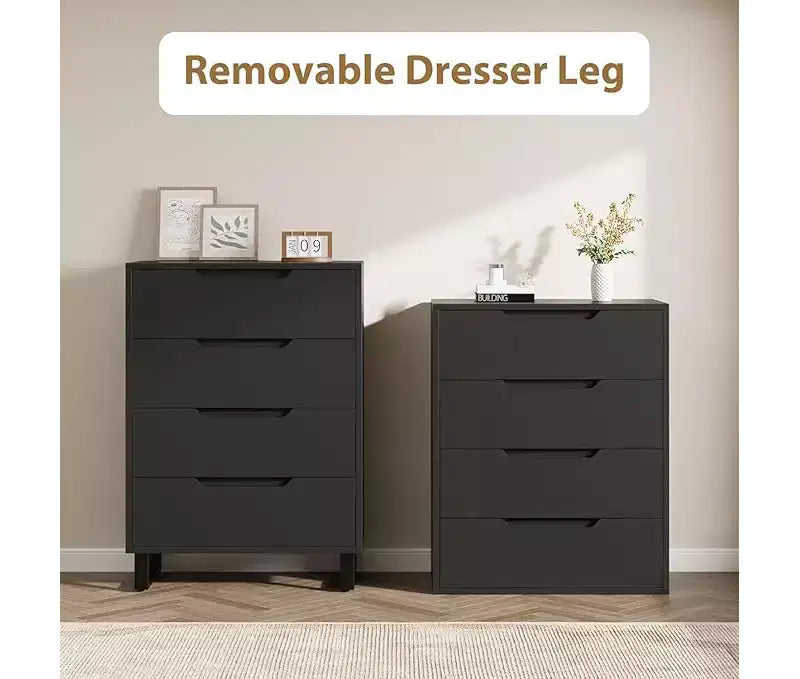 Commode haute 4 tiroirs Armoire de rangement verticale en bois avec design autoportant pour chambre, salon, couloir et entrée