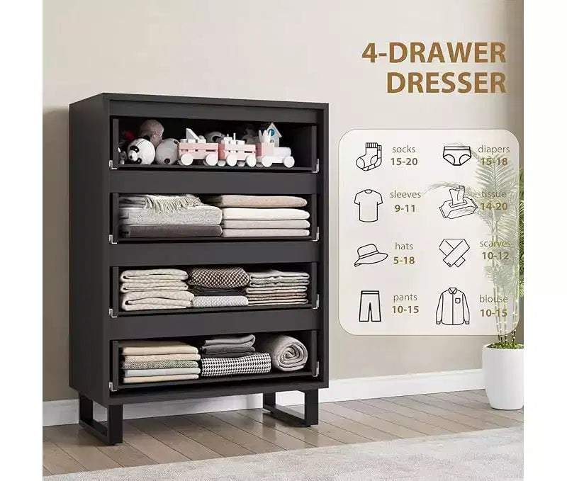 Commode haute 4 tiroirs Armoire de rangement verticale en bois avec design autoportant pour chambre, salon, couloir et entrée