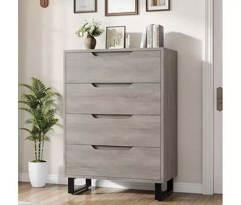 Commode haute 4 tiroirs Armoire de rangement verticale en bois avec design autoportant pour chambre, salon, couloir et entrée