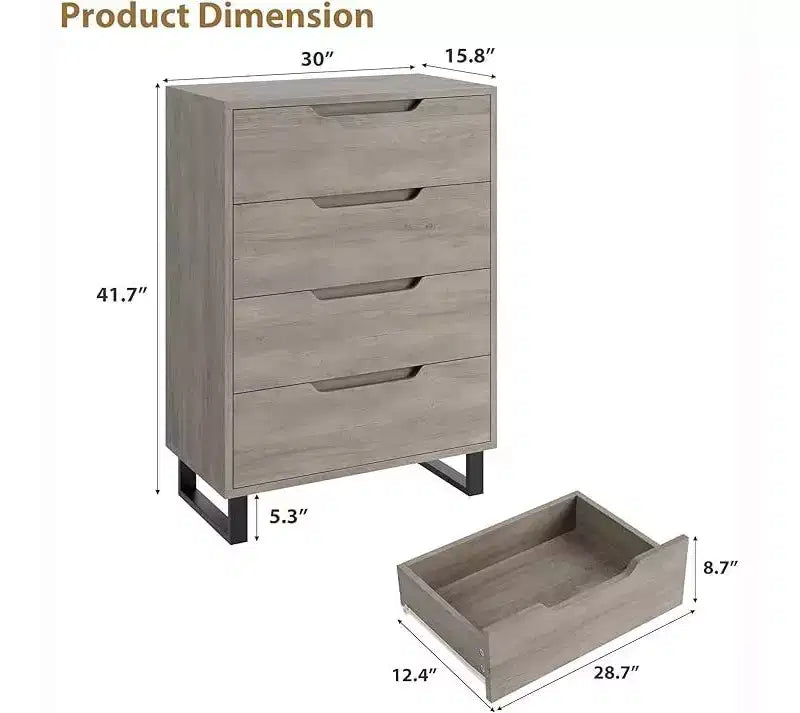 Commode haute 4 tiroirs Armoire de rangement verticale en bois avec design autoportant pour chambre, salon, couloir et entrée