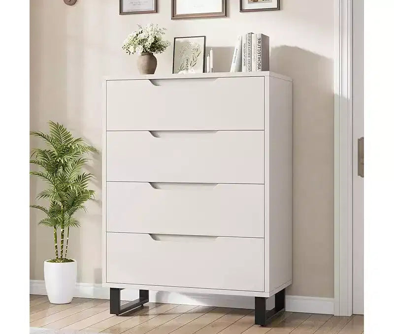 Commode haute 4 tiroirs Armoire de rangement verticale en bois avec design autoportant pour chambre, salon, couloir et entrée