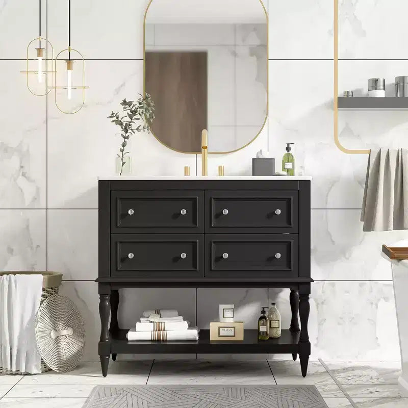 Meuble-lavabo de salle de bain 36 po avec évier, meuble de rangement de salle de bain avec tiroirs, meuble-lavabo simple en bois
