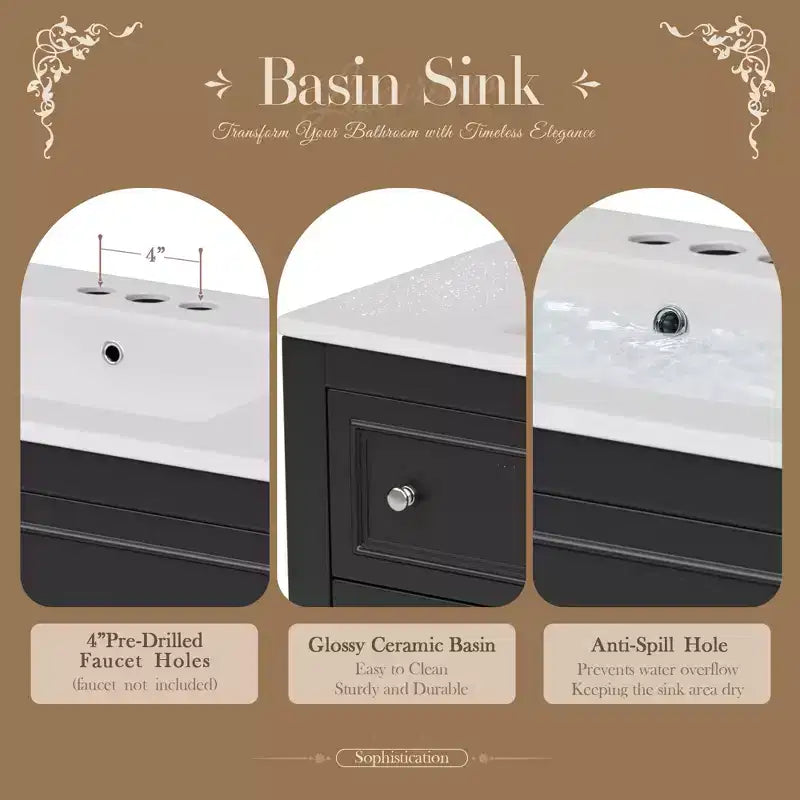 Meuble-lavabo de salle de bain 36 po avec évier, meuble de rangement de salle de bain avec tiroirs, meuble-lavabo simple en bois