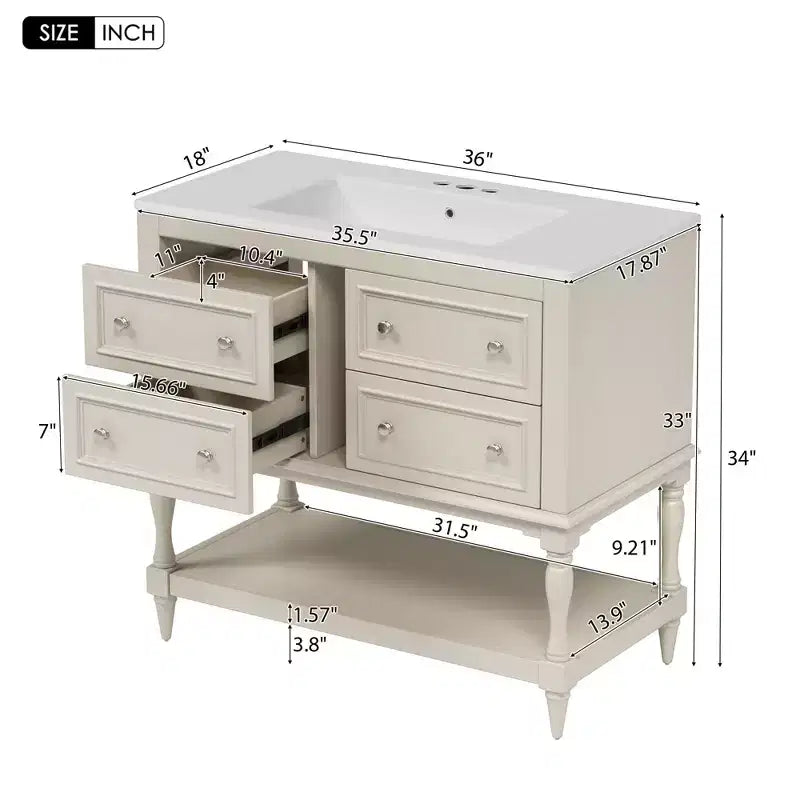 Meuble-lavabo de salle de bain 36 po avec évier, meuble de rangement de salle de bain avec tiroirs, meuble-lavabo simple en bois