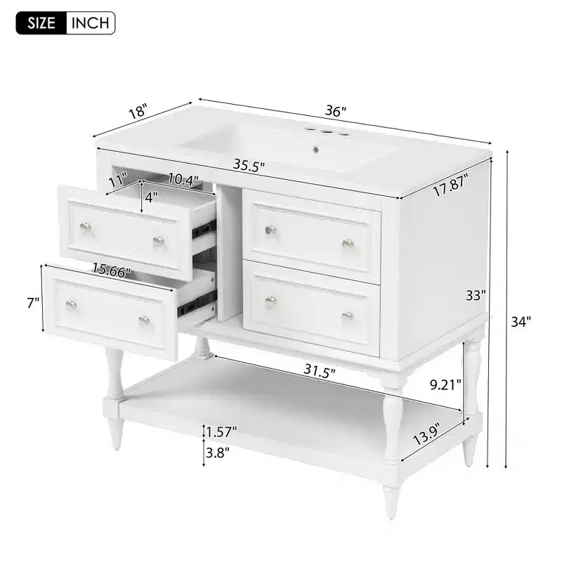 Meuble-lavabo de salle de bain 36 po avec évier, meuble de rangement de salle de bain avec tiroirs, meuble-lavabo simple en bois