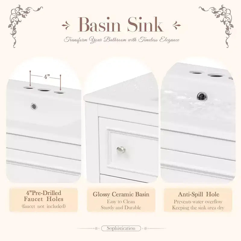 Meuble-lavabo de salle de bain 36 po avec évier, meuble de rangement de salle de bain avec tiroirs, meuble-lavabo simple en bois