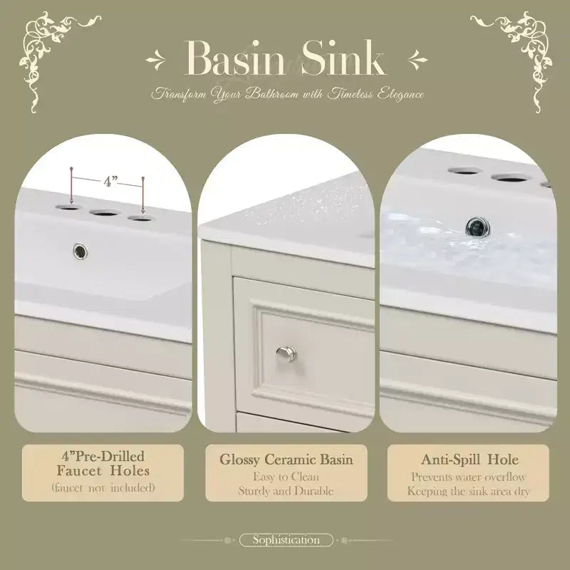 Meuble-lavabo de salle de bain 36 po avec évier, meuble de rangement de salle de bain avec tiroirs, meuble-lavabo simple en bois