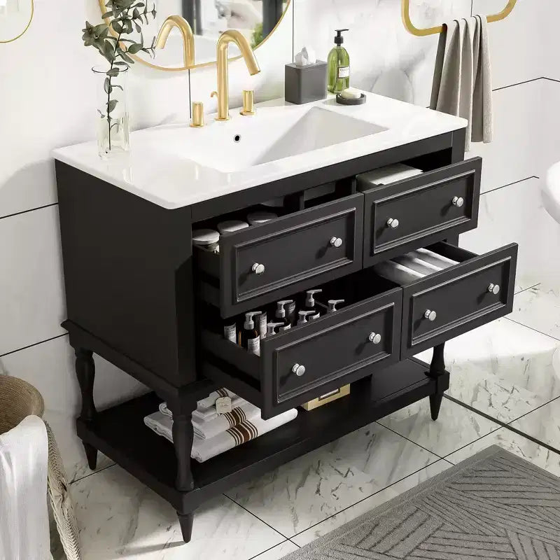 Meuble-lavabo de salle de bain 36 po avec évier, meuble de rangement de salle de bain avec tiroirs, meuble-lavabo simple en bois