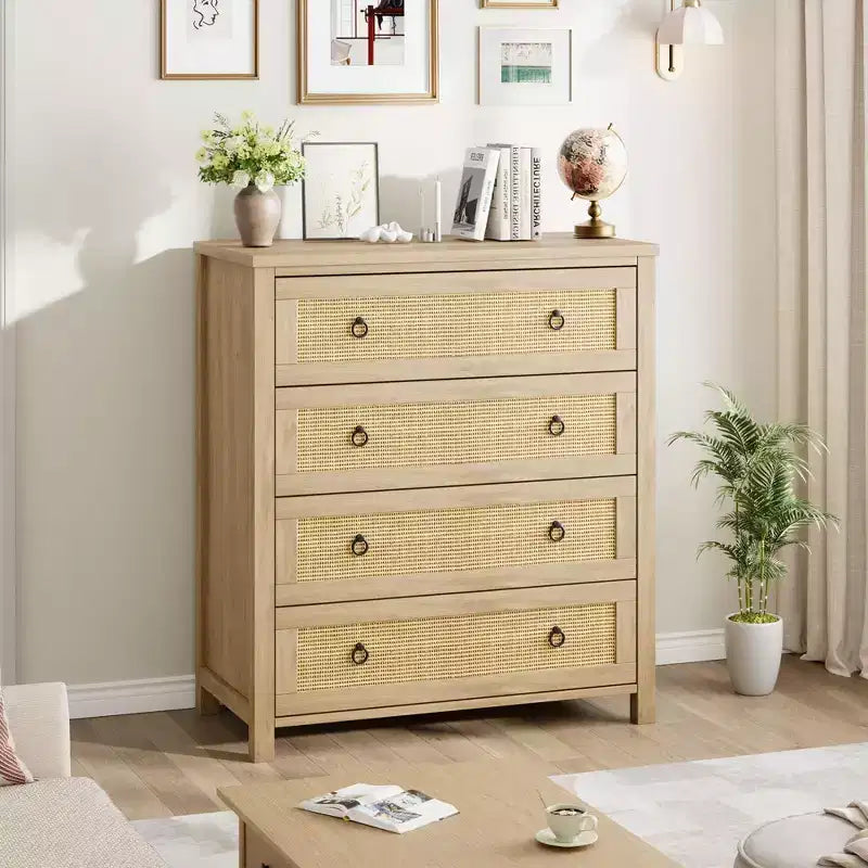 COZONY Rattan Dresser for Bedroom, 4/5-Drawer Tall Chest with Natural Woven Fronts, Freestanding Clothes Storage Cabinet for Living Room, Hallway