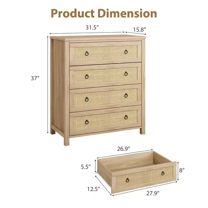 Commode en rotin pour chambre à coucher, chiffonnier haut à 4/5 tiroirs avec façades tressées naturelles, armoire de rangement autoportante pour salon, couloir