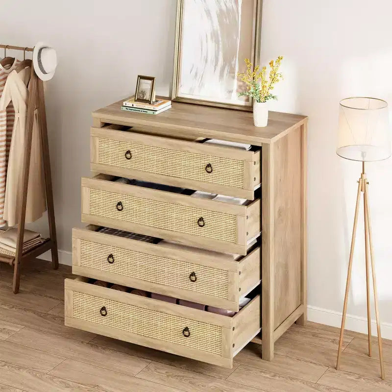 Commode en rotin pour chambre à coucher, chiffonnier haut à 4/5 tiroirs avec façades tressées naturelles, armoire de rangement autoportante pour salon, couloir