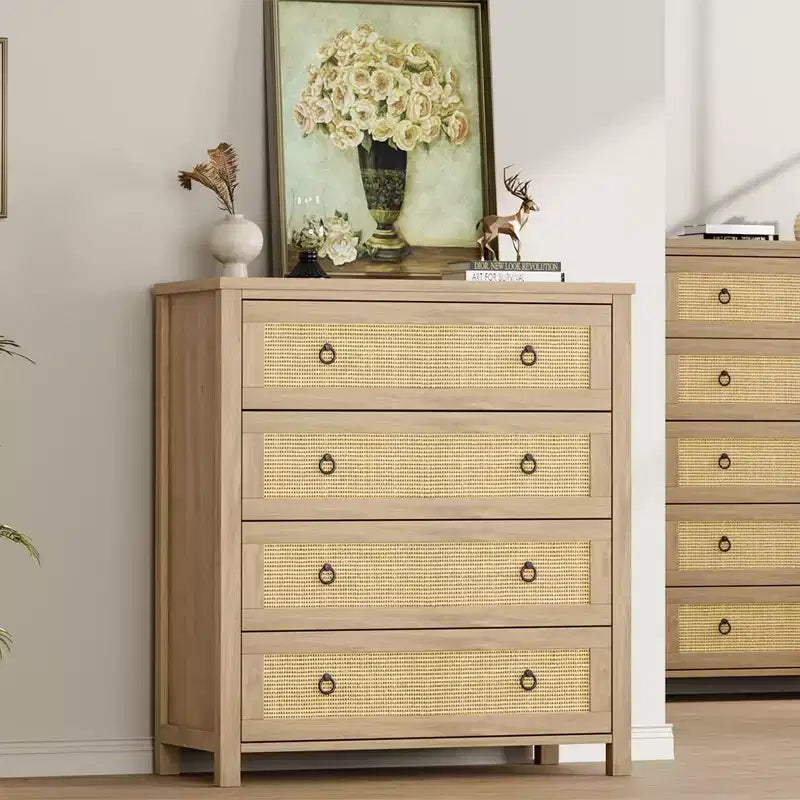 Commode en rotin pour chambre à coucher, chiffonnier haut à 4/5 tiroirs avec façades tressées naturelles, armoire de rangement autoportante pour salon, couloir