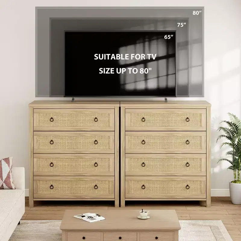 Commode en rotin pour chambre à coucher, chiffonnier haut à 4/5 tiroirs avec façades tressées naturelles, armoire de rangement autoportante pour salon, couloir