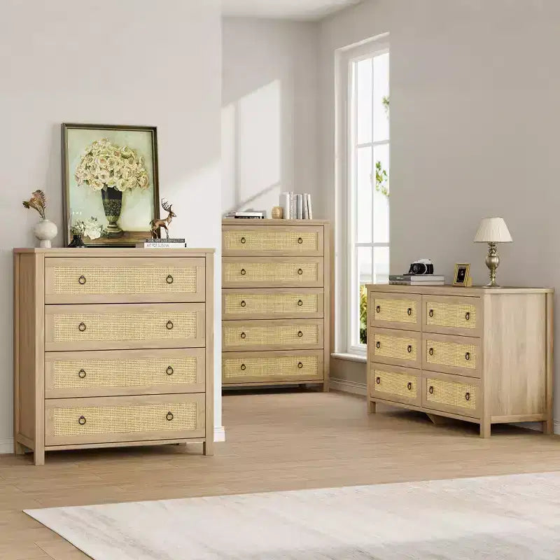 Commode en rotin pour chambre à coucher, chiffonnier haut à 4/5 tiroirs avec façades tressées naturelles, armoire de rangement autoportante pour salon, couloir