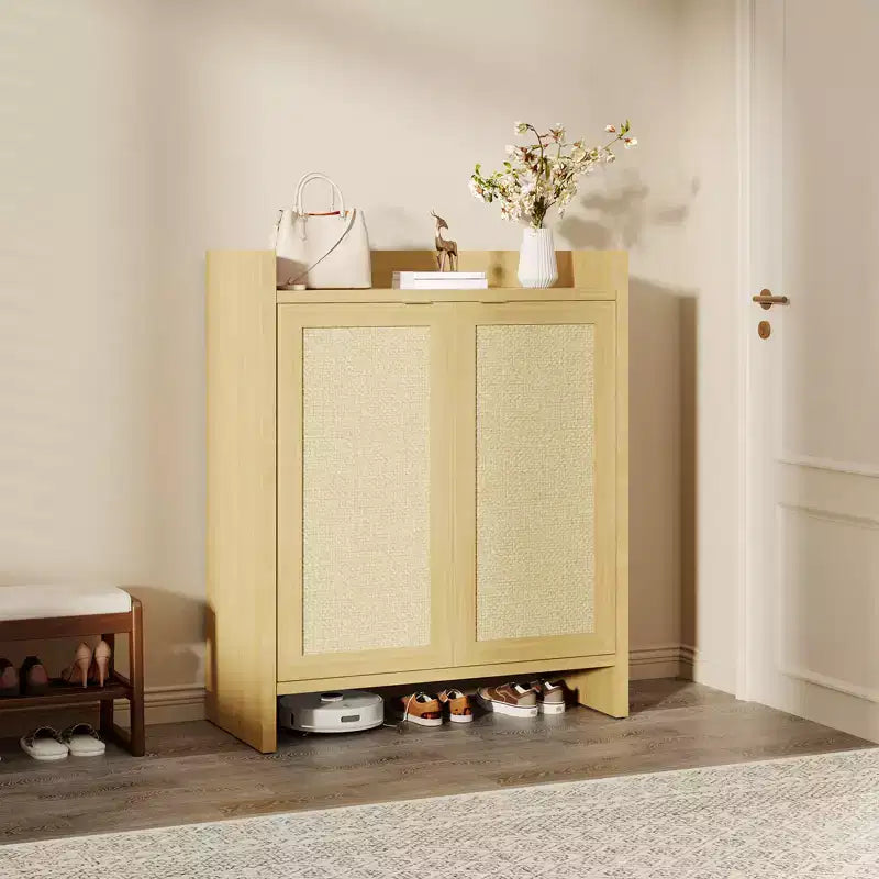 Rattan Shoe Storage Cabinet, Farmhouse Wood Shoe Rack Organizer with Adjustable Shelves for Entryway Hallway Kitchen Living Room Bedroom, Light Oak