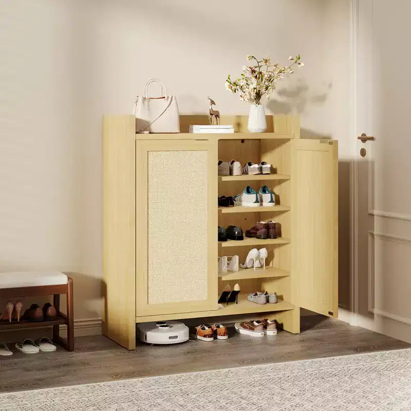 Meuble de rangement pour chaussures en rotin, organisateur de chaussures en bois de style ferme avec étagères réglables pour entrée, couloir, cuisine, salon, chambre, chêne clair