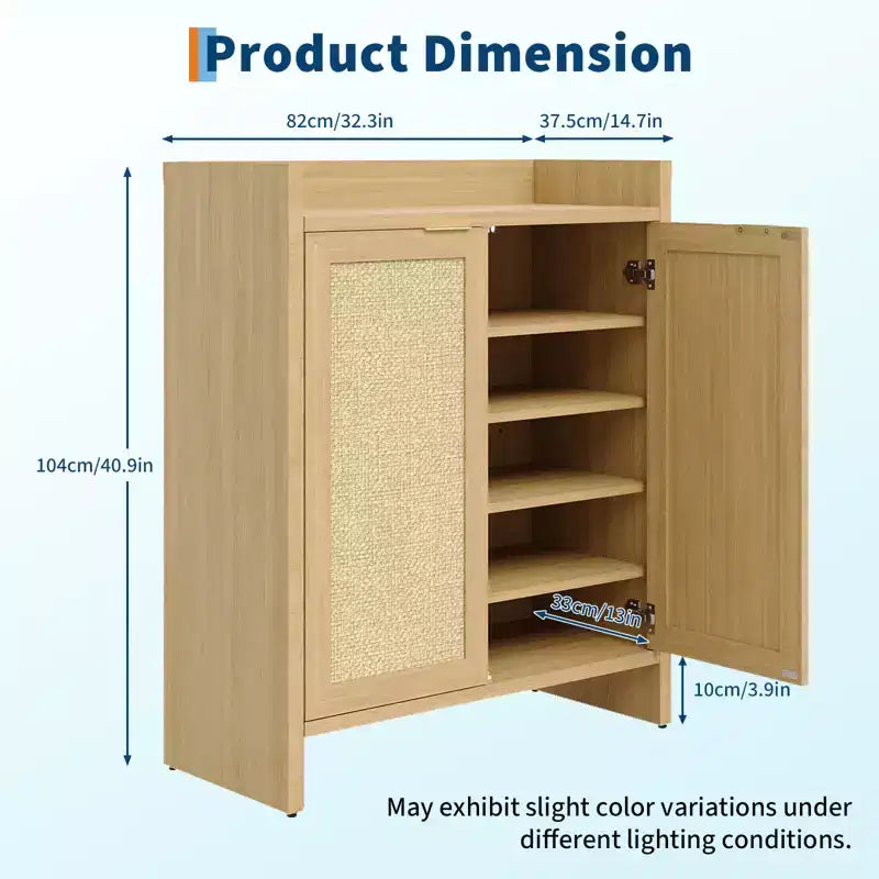Meuble de rangement pour chaussures en rotin, organisateur de chaussures en bois de style ferme avec étagères réglables pour entrée, couloir, cuisine, salon, chambre, chêne clair