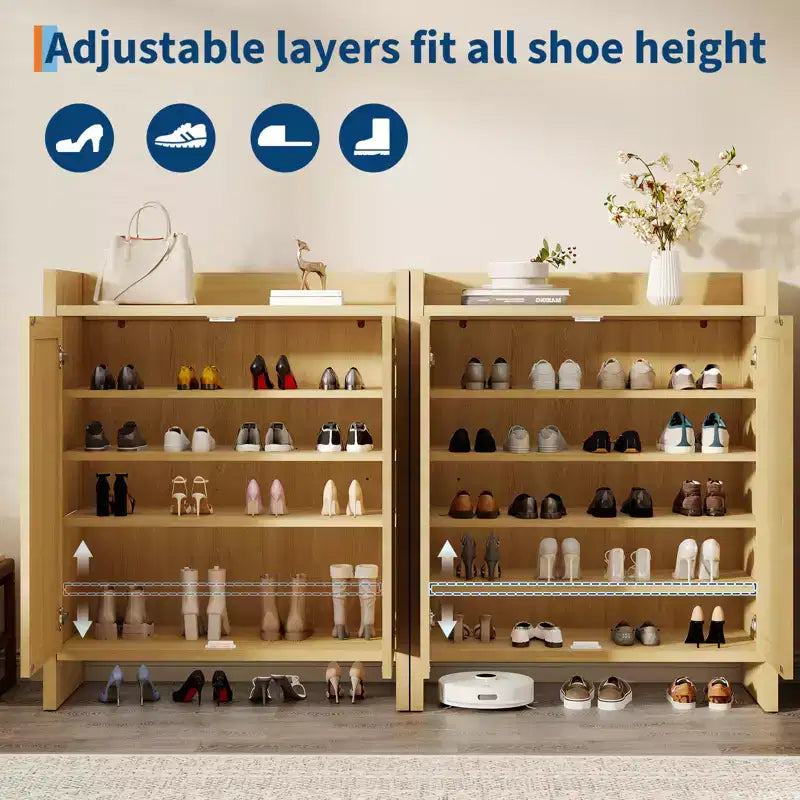Meuble de rangement pour chaussures en rotin, organisateur de chaussures en bois de style ferme avec étagères réglables pour entrée, couloir, cuisine, salon, chambre, chêne clair