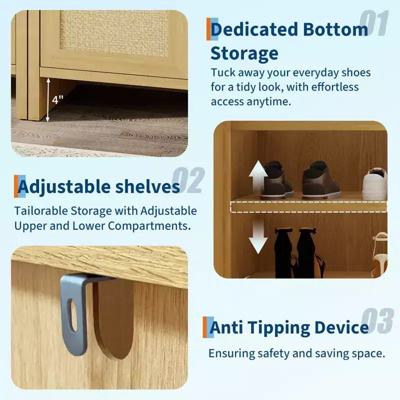 Meuble de rangement pour chaussures en rotin, organisateur de chaussures en bois de style ferme avec étagères réglables pour entrée, couloir, cuisine, salon, chambre, chêne clair