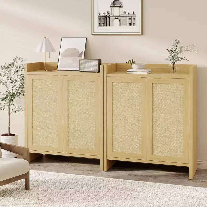 Meuble de rangement pour chaussures en rotin, organisateur de chaussures en bois de style ferme avec étagères réglables pour entrée, couloir, cuisine, salon, chambre, chêne clair